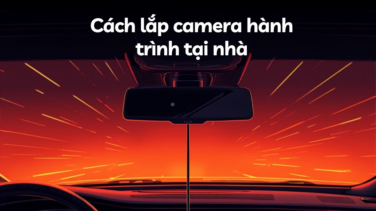 Camera hành trình gắn phía sau kính chiếu hậu trên kính lái ô tô, minh họa cho hướng dẫn tự lắp camera hành trình tại nhà