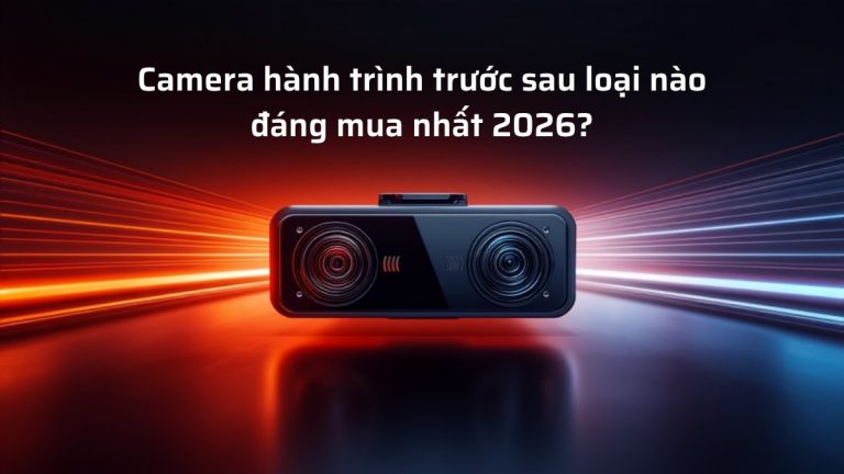 Camera hành trình ô tô 2 ống kính trước sau, thiết kế hiện đại tông đen đỏ, minh họa cho bài viết chọn camera hành trình trước sau 2026
