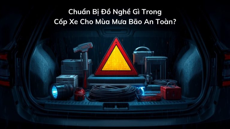 Bộ đồ nghề khẩn cấp trong cốp xe ô tô mùa mưa bão: búa phá kính, đèn pin, biển tam giác phản quang, hộp sơ cứu, dây cáp kéo xe