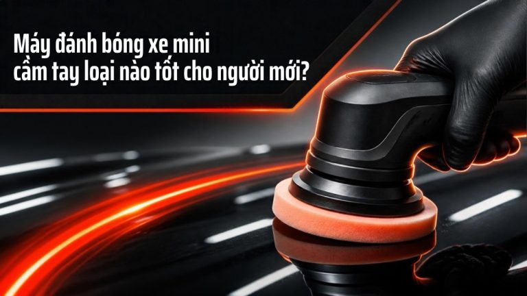 Máy đánh bóng xe mini cầm tay với phớt mút cam trên bề mặt sơn xe đen bóng - chọn máy đánh bóng cho người mới