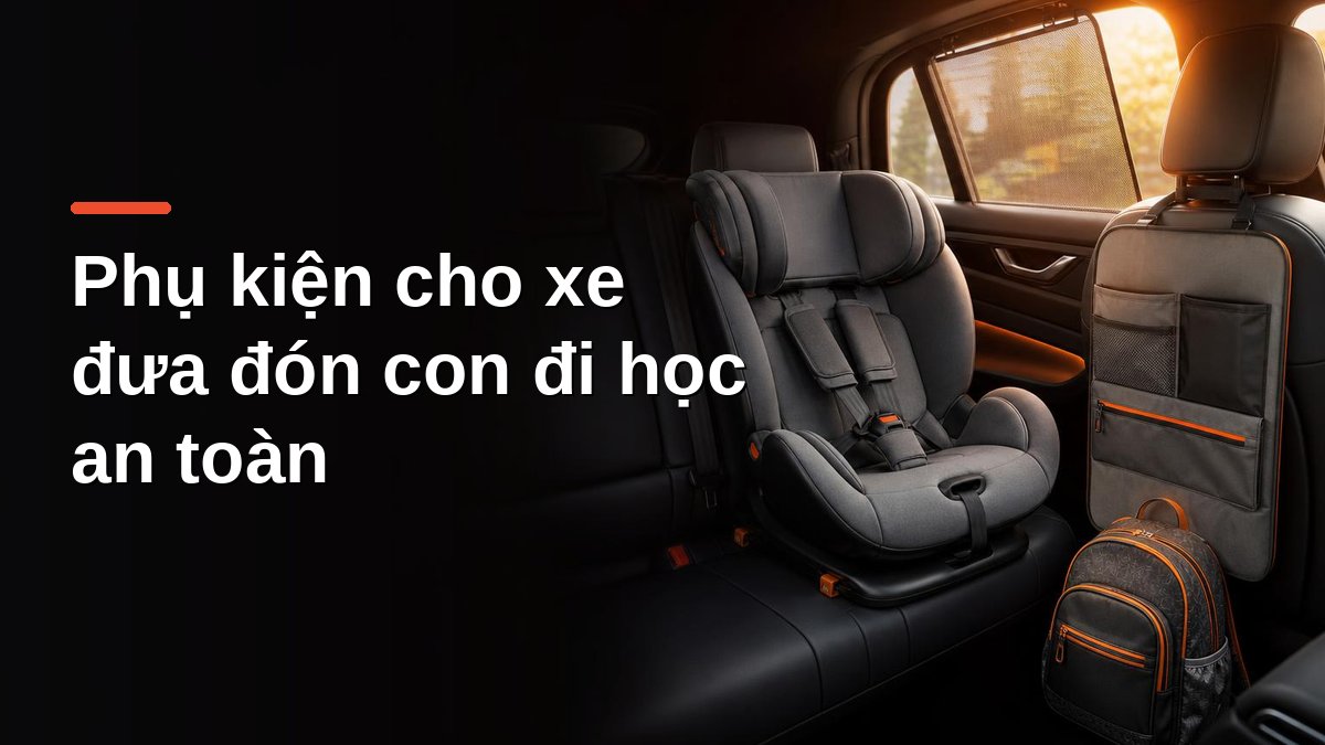 Ghế an toàn trẻ em đai 5 điểm lắp ở hàng ghế sau ô tô cùng túi treo lưng ghế và cặp sách – phụ kiện cho xe đưa đón con đi học