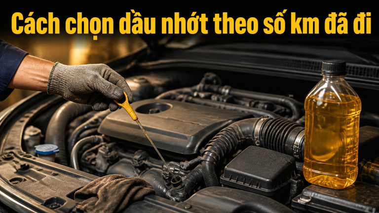 Thợ kiểm tra que thăm dầu nhớt động cơ ô tô, chai dầu nhớt màu vàng bên cạnh