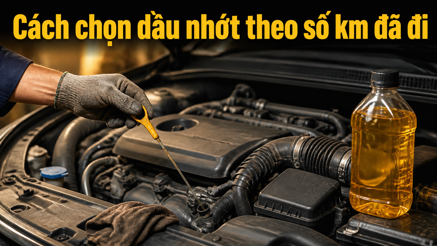 Thợ kiểm tra que thăm dầu nhớt động cơ ô tô, chai dầu nhớt màu vàng bên cạnh