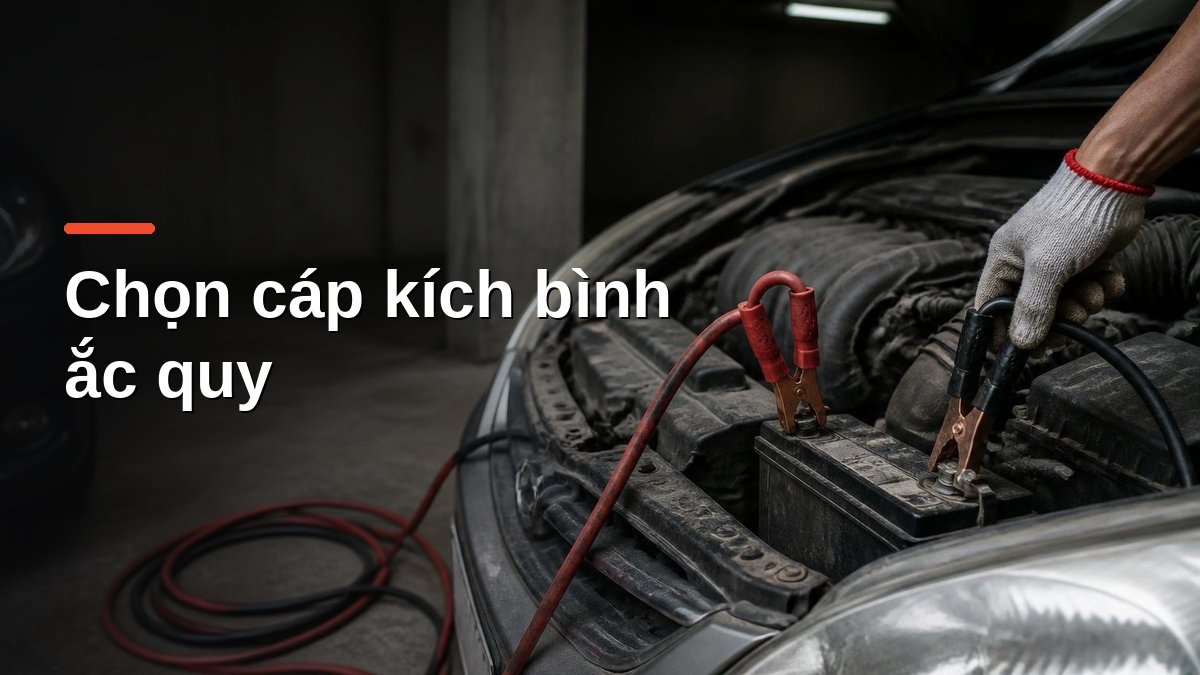 Cáp kích bình ắc quy ô tô với kẹp đỏ và đen đang nối vào ắc quy trong hầm gửi xe