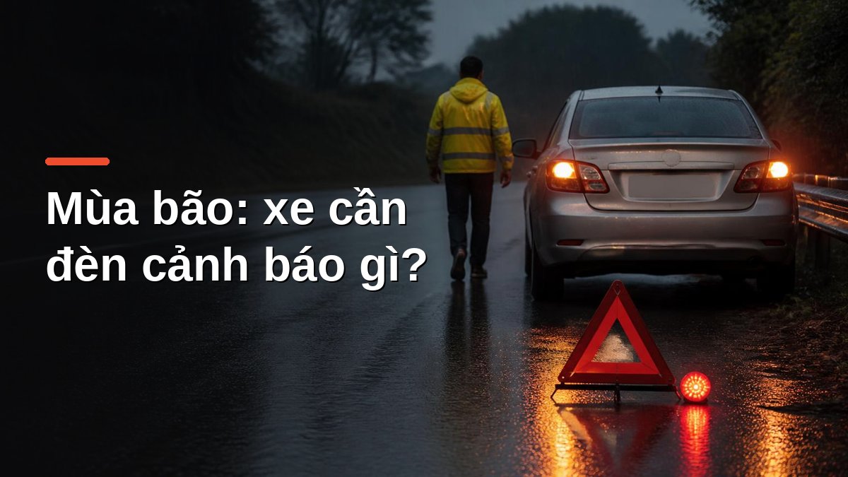 Ô tô dừng bên đường trời mưa bật đèn khẩn cấp, đặt tam giác phản quang và đèn cảnh báo LED, tài xế mặc áo phản quang