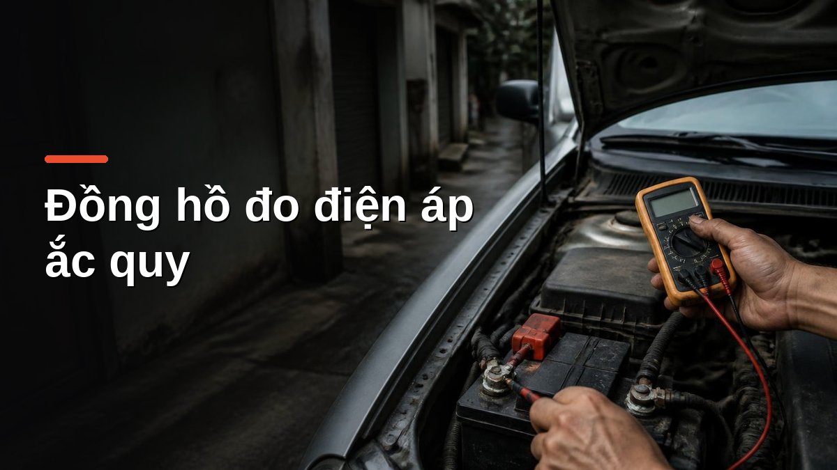 Dùng đồng hồ vạn năng đo điện áp ắc quy ô tô tại cọc bình