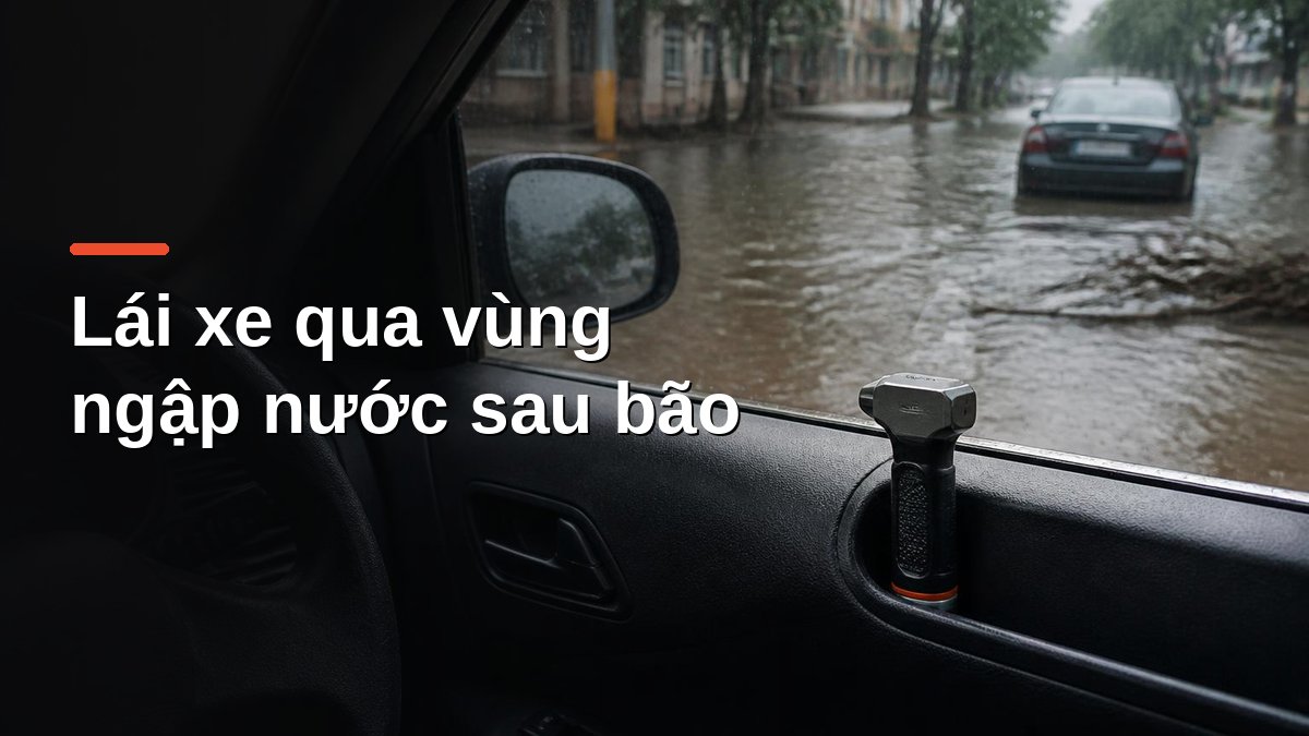 Búa thoát hiểm ô tô đặt ở hộc cửa xe khi lái xe qua vùng ngập nước sau bão