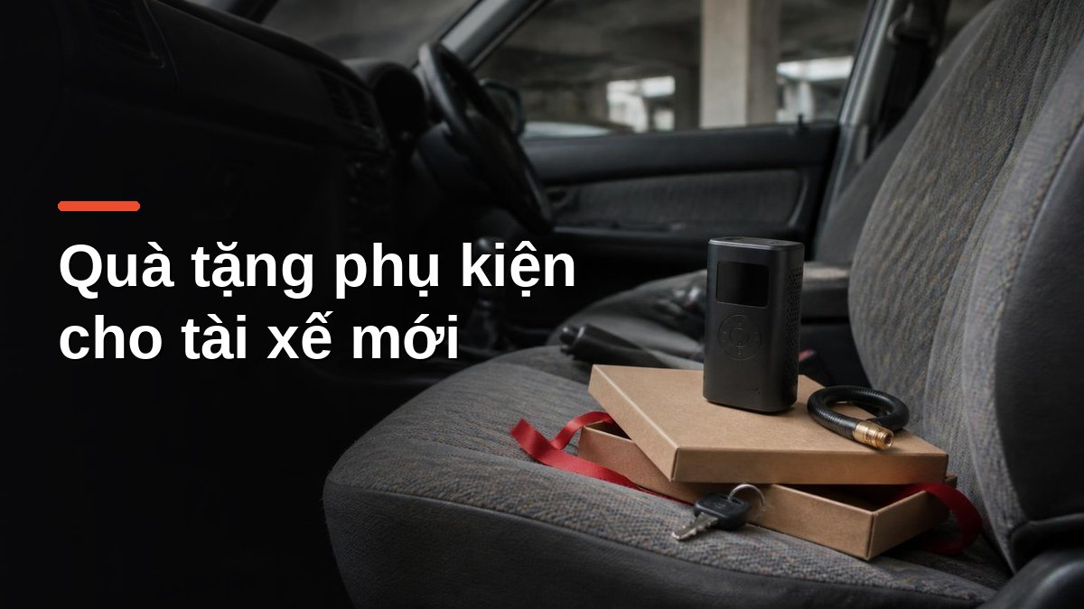 Máy bơm lốp mini đặt trên hộp quà ở ghế phụ ô tô – quà tặng phụ kiện cho người mới có bằng lái
